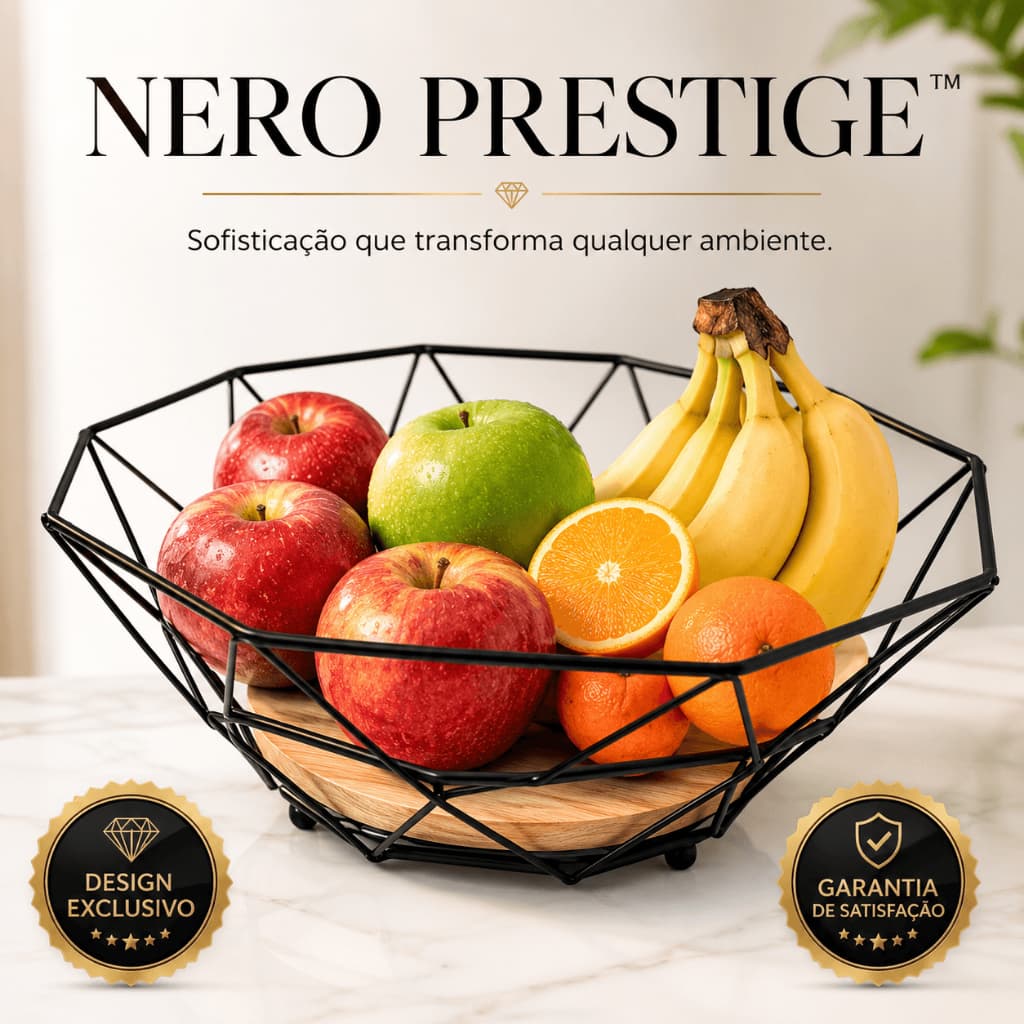 Fruteira Diamond Ecowood Preta Aço Madeira 26cm Organizador Bancada Cozinha
