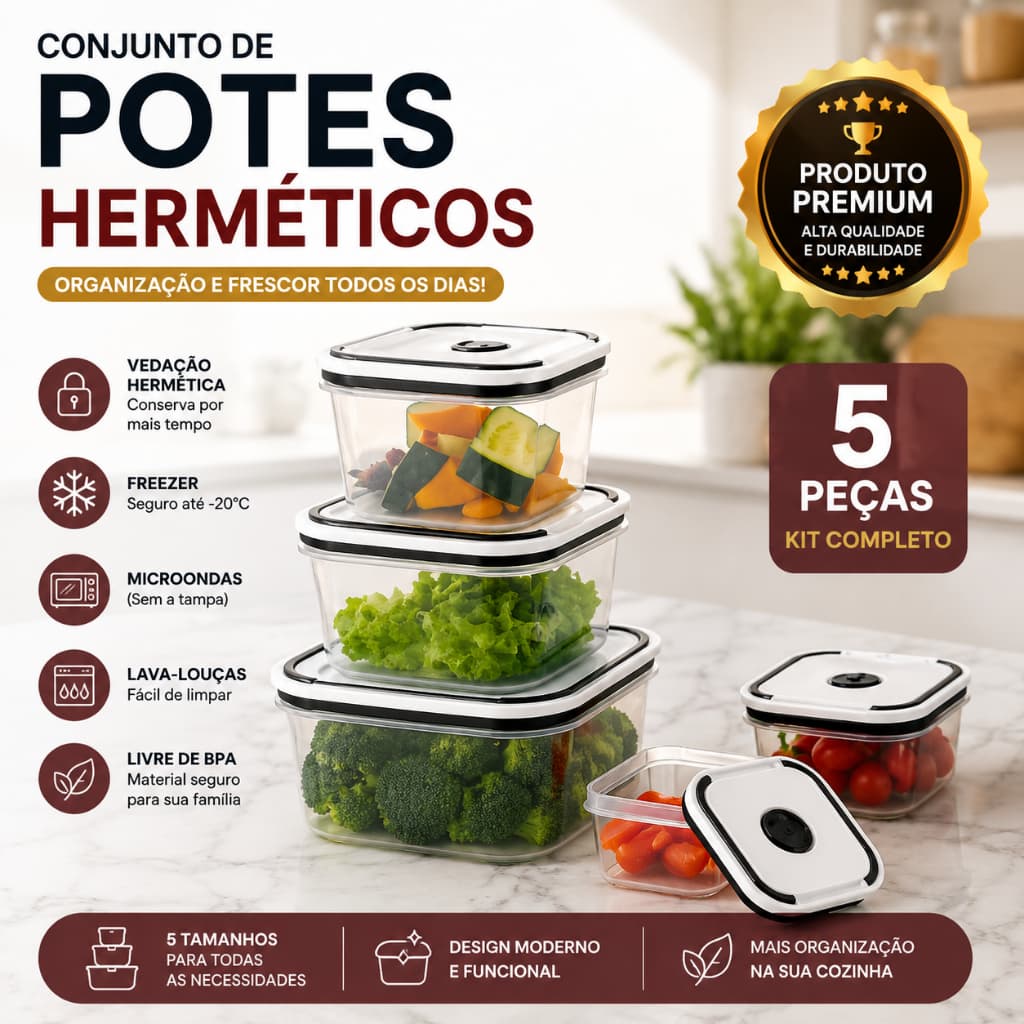 Conjunto 5 Potes Hermeticos De Alimentos Marmita Refeição Conservação Microondas Geladeira Anti Vazamento