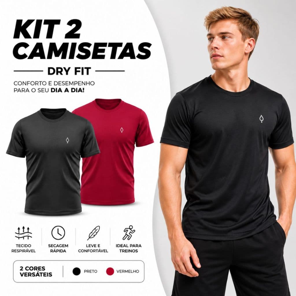 KIT 2 Camisetas Dry Leve Blusa Manga Curta Treino Corrida Masculina