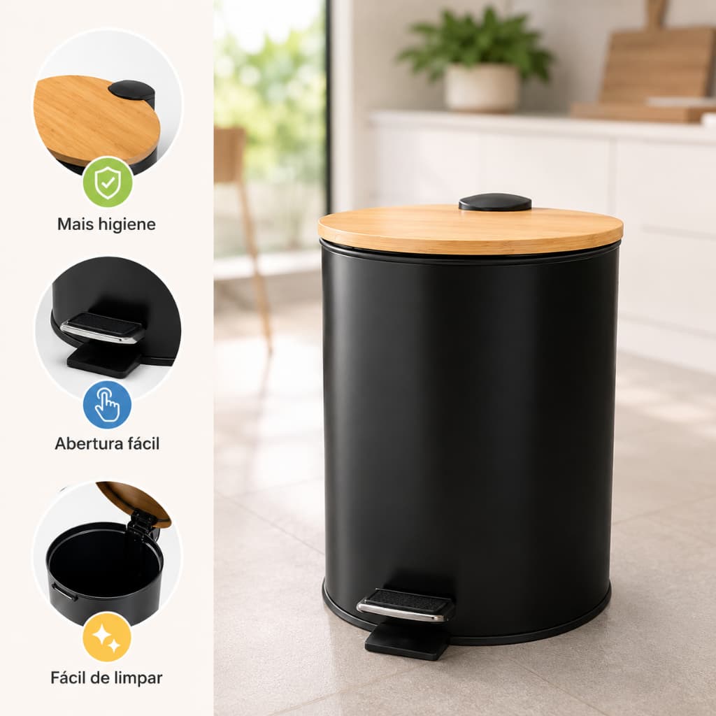 Lixeira Preta Tampa Bambu Design Elegante Capacidade 5 Litros Pedal Cozinha Sem Ter Contato Com Lixo