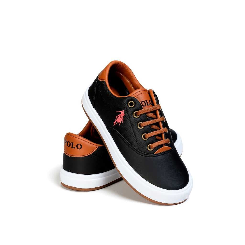 Tênis Infantil Polo Masculino Preto Azul Bege Grafite Couro Ecológico Leve Macio Criança