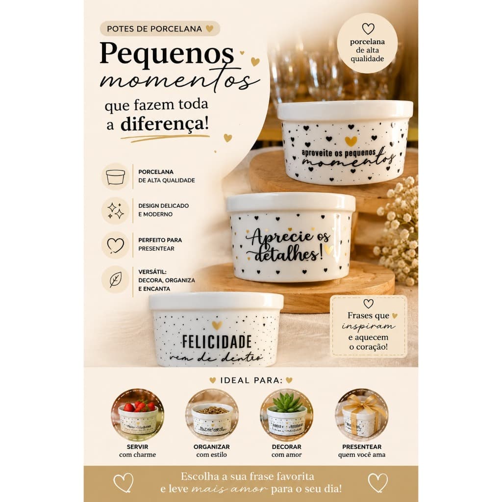 kit com dois Pote de Porcelana Decorado com Frases Motivacionais ✨  Delicado, elegante e versátil!