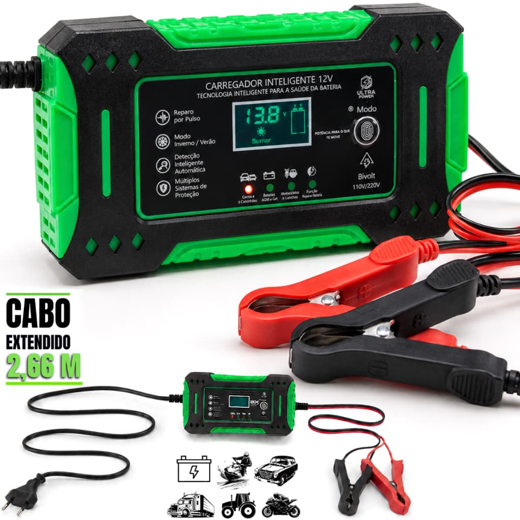 Carregador Bateria Automotivo Turbo Inteligente Recupera Moto Caminhao Carro Jetski 12v Cabo 2M