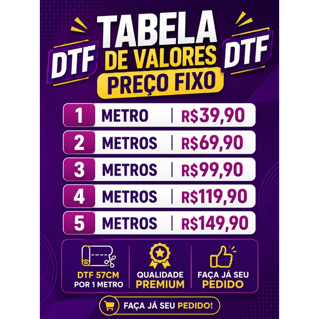 DTF QUALIDADE PREMIUM 57cm X 100cm Para Estampar Camiseta, Blusa, Bolsa e Material Têxtil