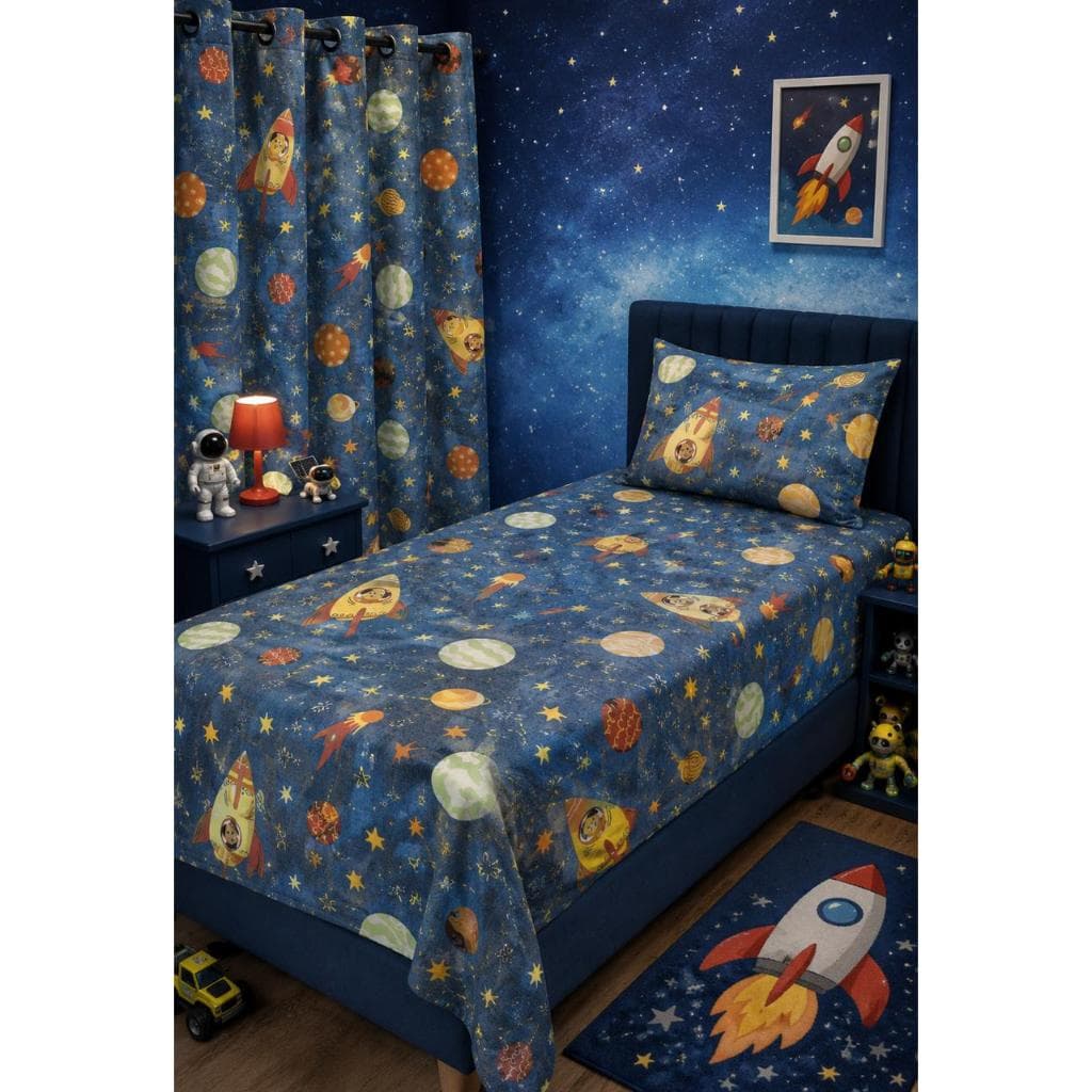KIT QUARTO INFANTIL LENÇOL+FRONHA+CORTINA 2 PARTES TEMAS ESTAMPADOS POLIESTER ALGODÃO