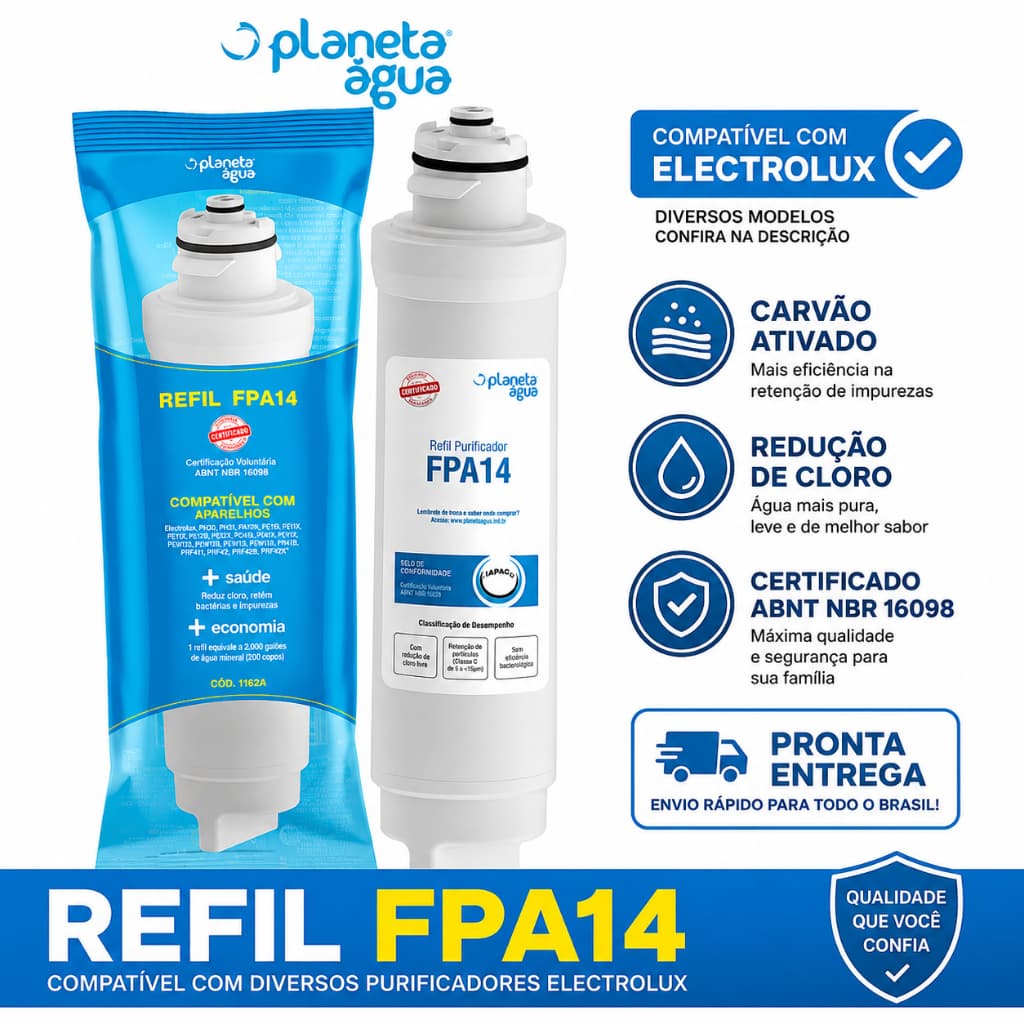 Refil FPA14 Planeta Água Compatível com Purificadores Electrolux Filtro Carvão Ativado Original