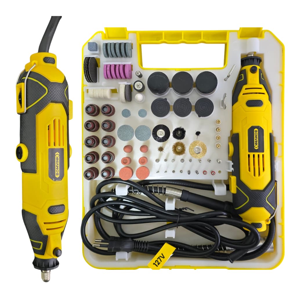 Kit Micro Retifica Eletrica Bomvink 127v 135W Com Eixo Flexivel Maleta Organizadora 191 Pecas