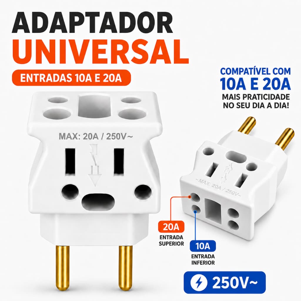 Adaptador Tomada Benjamin Bivolt 10A 20A Pino Maciço Porcelana Ultra Resistente 3 Entradas