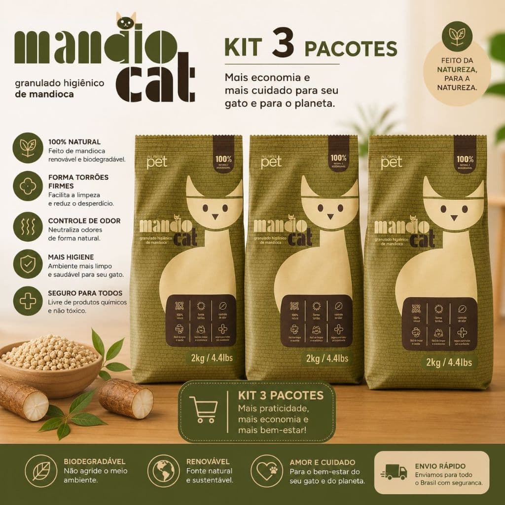 Kit Areia Higiênica Mandiocat Kit com 3 pacotes 2 kg – Natural de Mandioca, Elimina Odores, Tora Torrões, Eco-Friendly