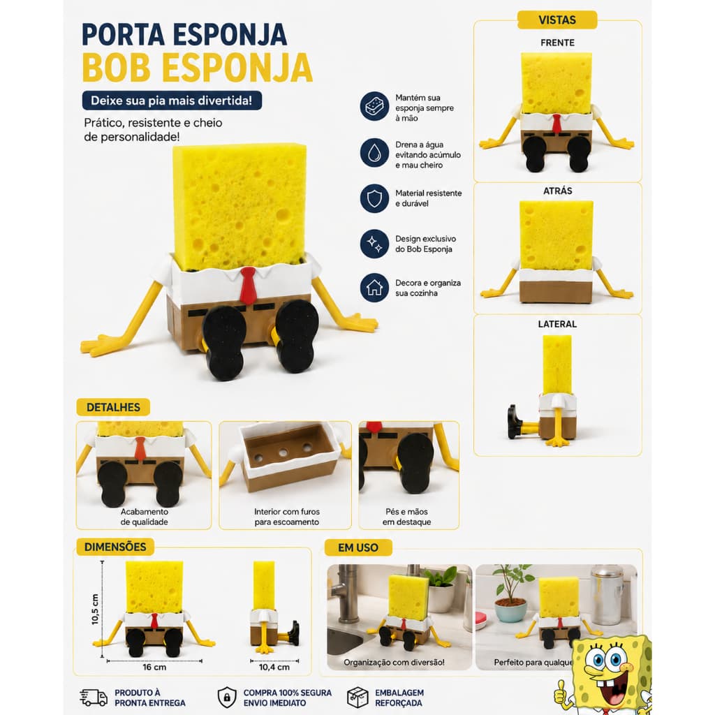 Porta Esponja Bob Esponja Divertido Organizador de Pia Suporte Criativo Cozinha Decoração