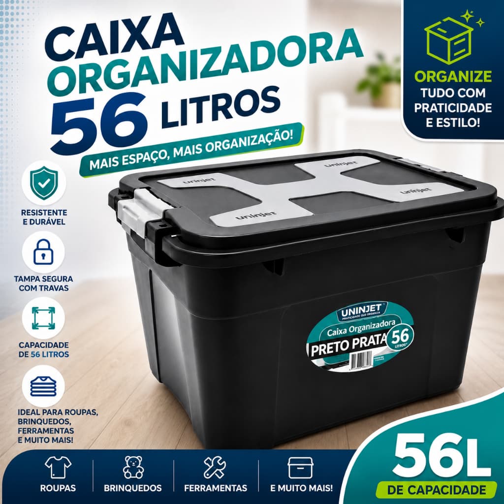Caixa Organizadora 56L Preta Com Tampa e Travas Resistente