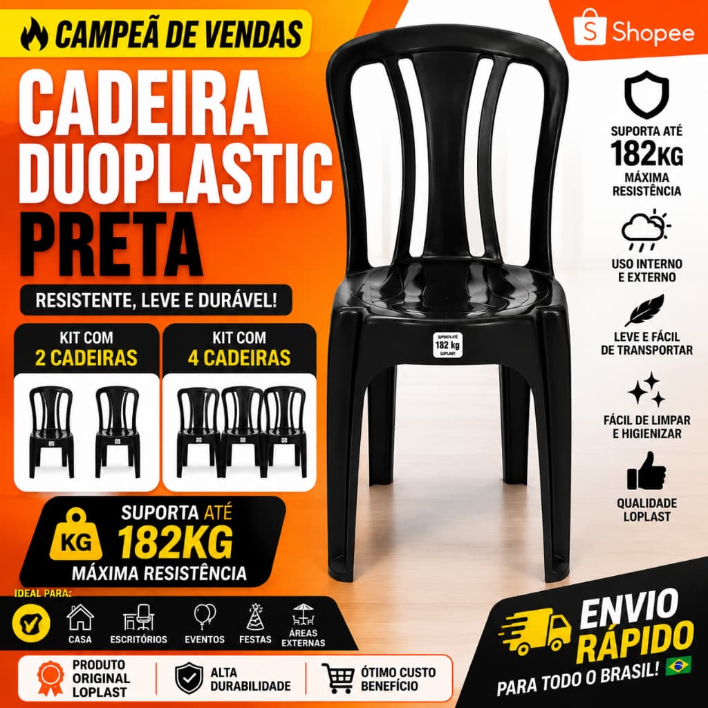 Kit com 2 ou 4 Cadeiras Arcos Preta  - Suporta até 182kg