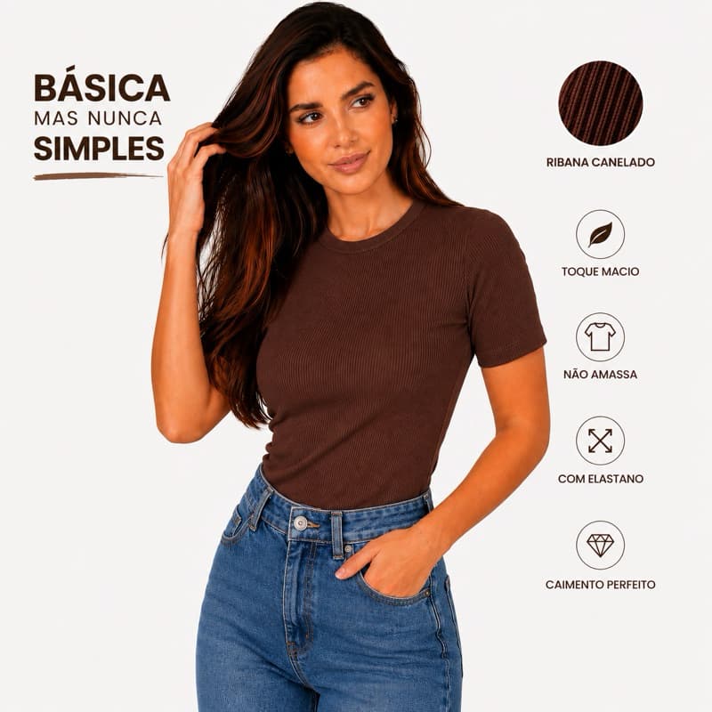 T-shirt Feminina Ribana Canelada Premiun Blusinha Básica Casual Baby Look Confortável