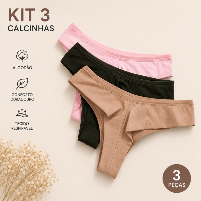Kit 3 Calcinhas Femininas Fio Duplo em Algodão Cotton Confortável Não Marca