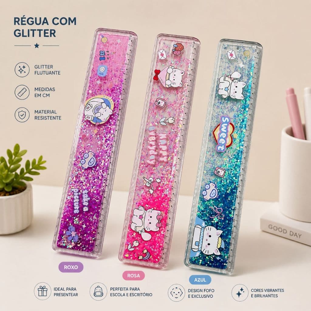 Régua Escolar 20cm com Glitter Estilo Hello Kit Novidade Infantil Fofo - Papelaria Criativa