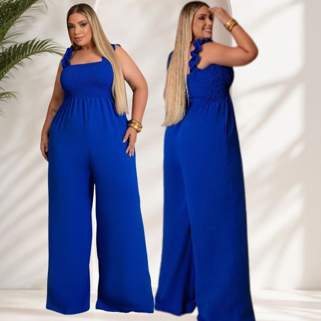 Macacão Plus Size Feminino Social Casual Pantalona Busto Lastex Veste 46 ao 52. Elegante Alça Babado Confortável Moderno