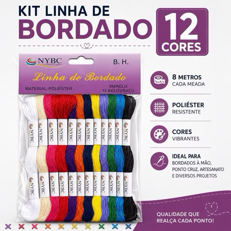 Kit C/12 Meadas p/bordado 8mts 100% Poliéster - Cores sortidas NYBC
