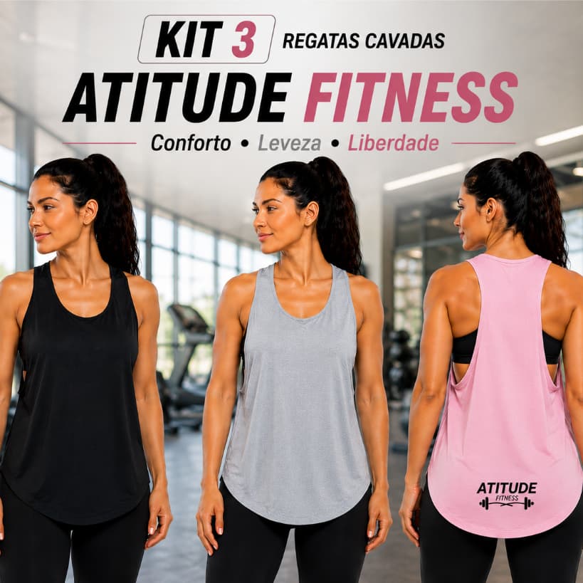 Kit 3 Regatas Femininas Cavadas Viscolycra Costas Nadador Academia Fitness Treino Preto Cinza Rosa