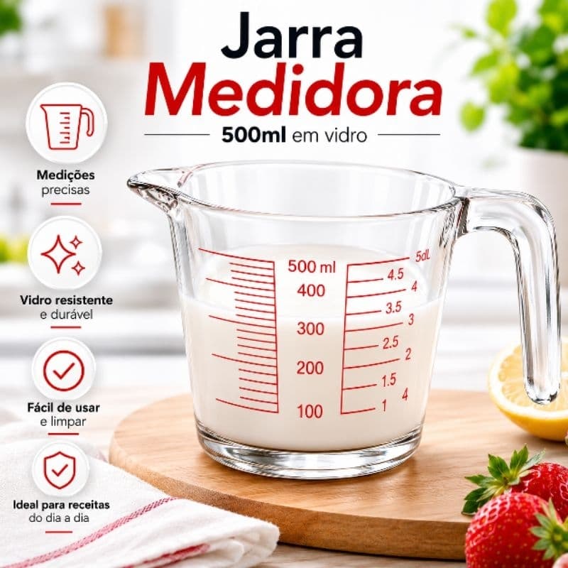 Jarra Medidora 500ml | Vidro Resistente e Durável | Cozinha | Receita