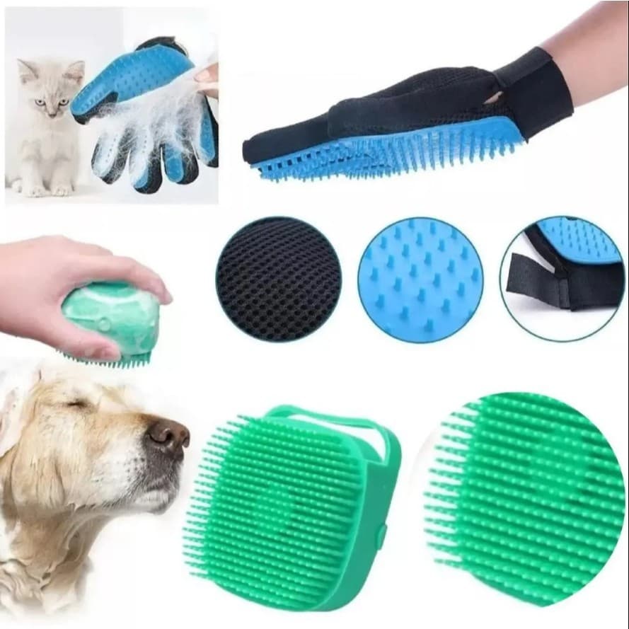 Kit Banho Pet 2 em 1: Escova Massageadora Dispenser + Luva Tira Pelos Cachorro e Gato