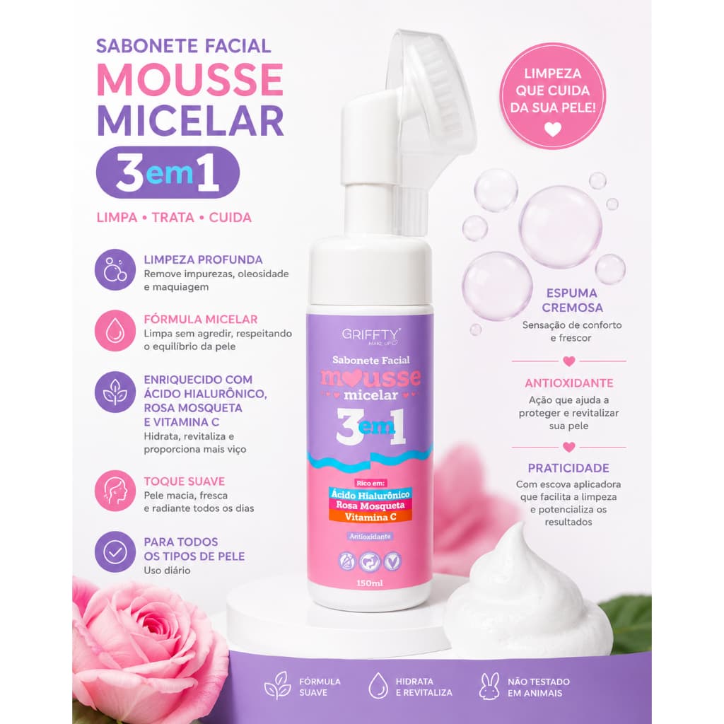 Mousse Facial de Limpeza Sabonete Liquido com Escova Massageadora