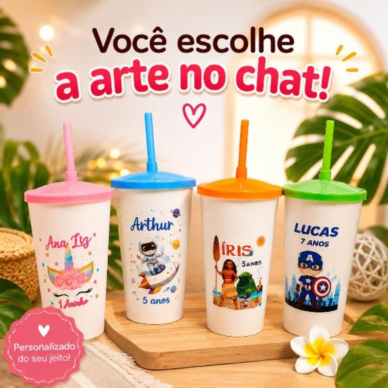 Copo Branco 550ml Com Tampa e Canudo - Desenho Infantil Colorido Aniversário Festa Brindes