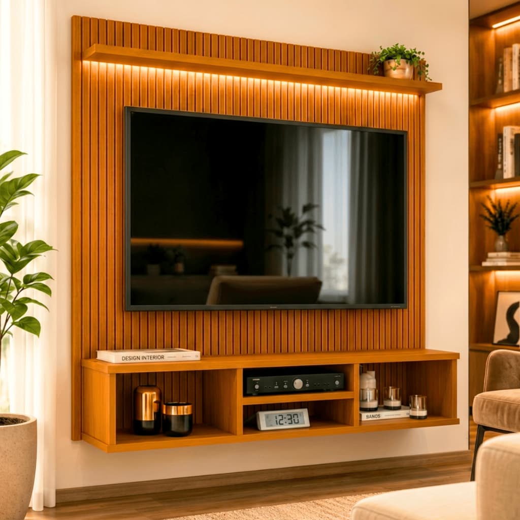 Painel TV Ripado Suspenso Zyon até 50 Polegadas com Nichos e Prateleira Design Moderno para Sala