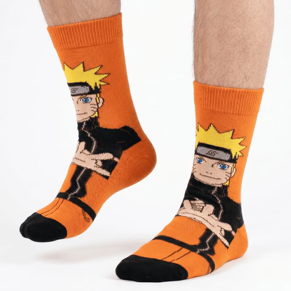 Meia Infantil Menino Naruto Cano Alto Geek Anime Algodão Macia Laranja Personagem Casual Academia Crossfit