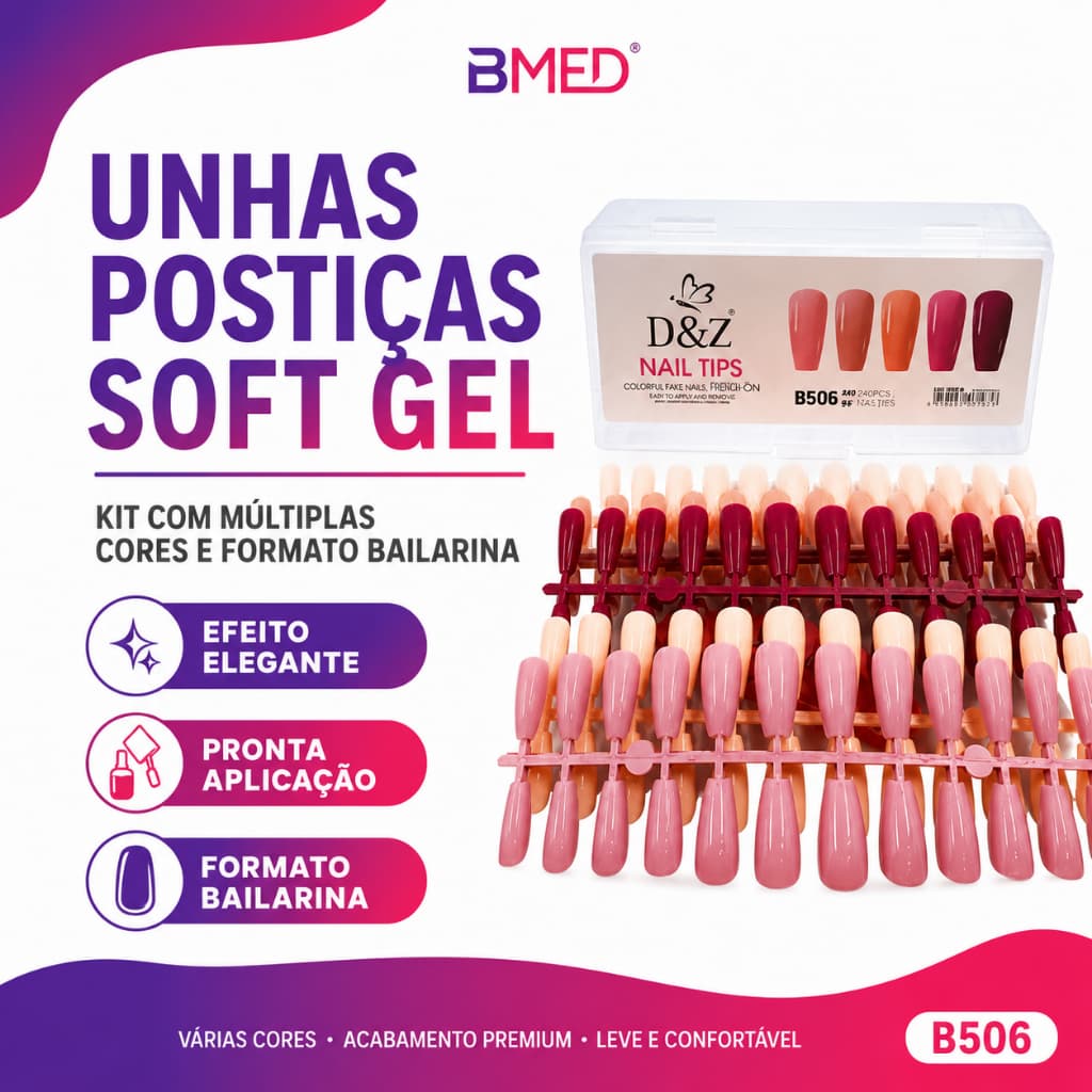 Unha Postiça Soft Gel D&Z Bailarina 480 Unidades Alongamento Realista Profissional