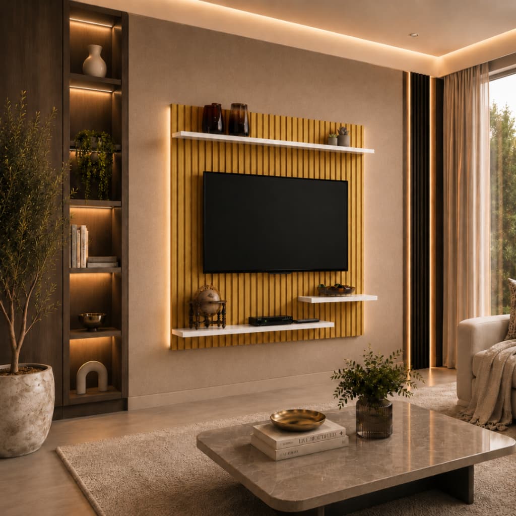 Painel Para Tv 32 Polegadas Moderno Suspenso 90x90cm com 3 Prateleiras para Sala