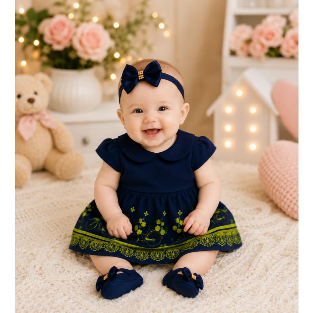 Kit Vestido Bebê Menina Temático com Calcinha Bunda Rica, Tiara e Sapatinho RN