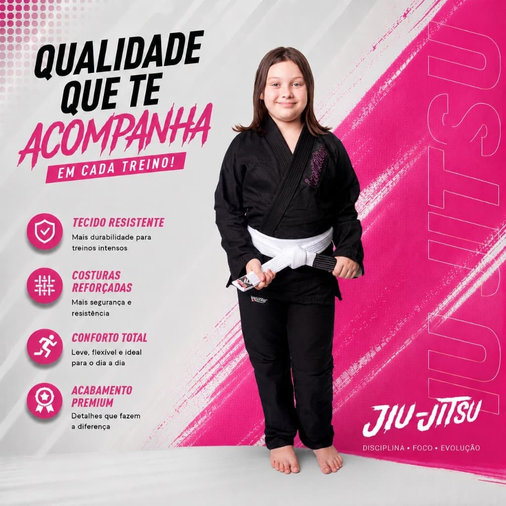 Kimono Jiu Jitsu Infantil Preto Feminino Rosa Envio Imediato