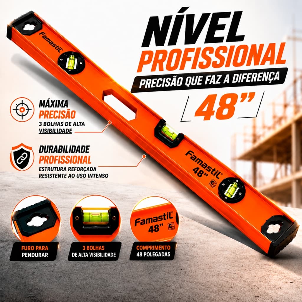 Nível Alumínio Imã Régua 3 Bolhas Construção Régua 48" Famastil Régua Precisão Obra Nível de Mão