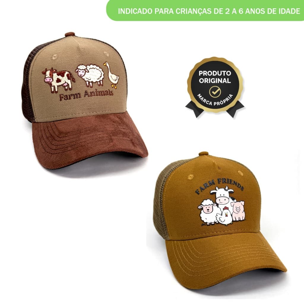 Boné INFANTIL Animais Country Trucker Tela Unissex Aba Curva Bordado + Silk Premium