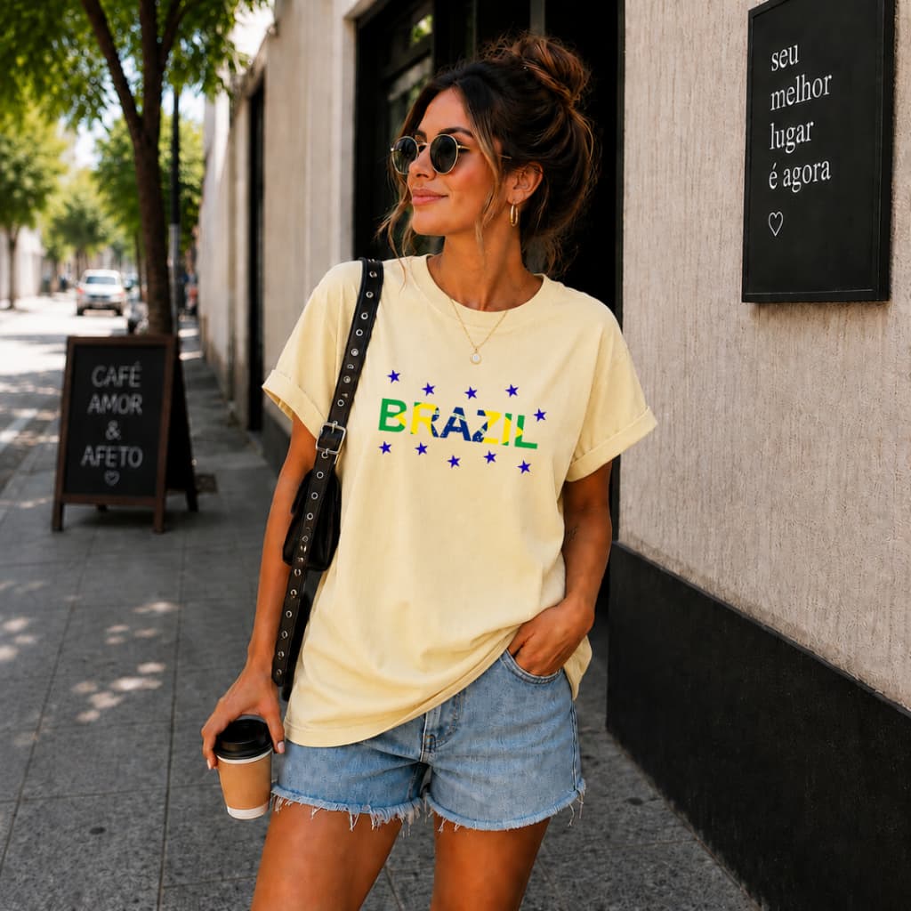 Blusa do Brasil Feminina Look Copa Jogos T shirt Camiseta Casual Algodão P ao GG