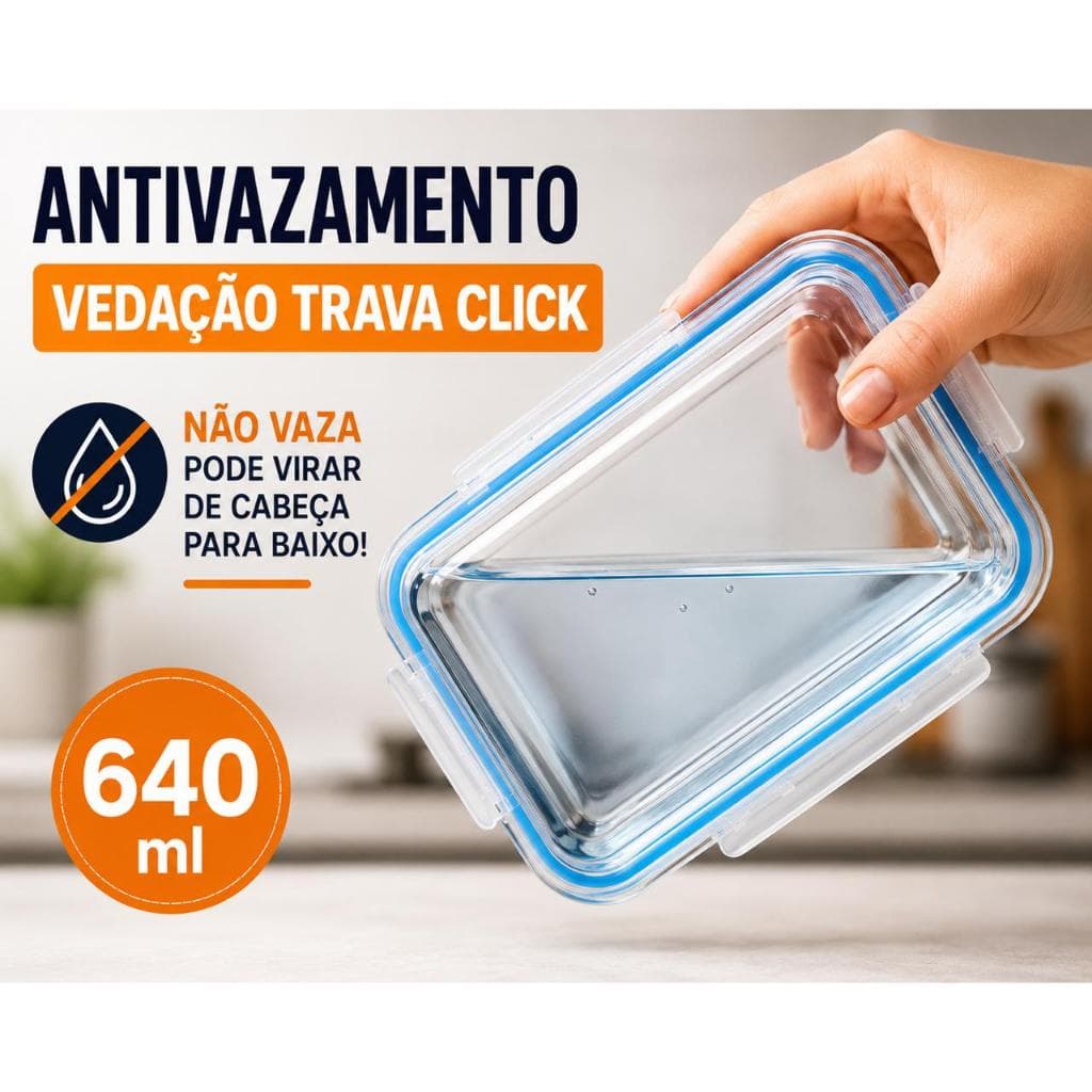 kit 10 Pote de Vidro Hermético 640ml com Tampa Hermética Antivazamento 4 Travas Marmita Fit
