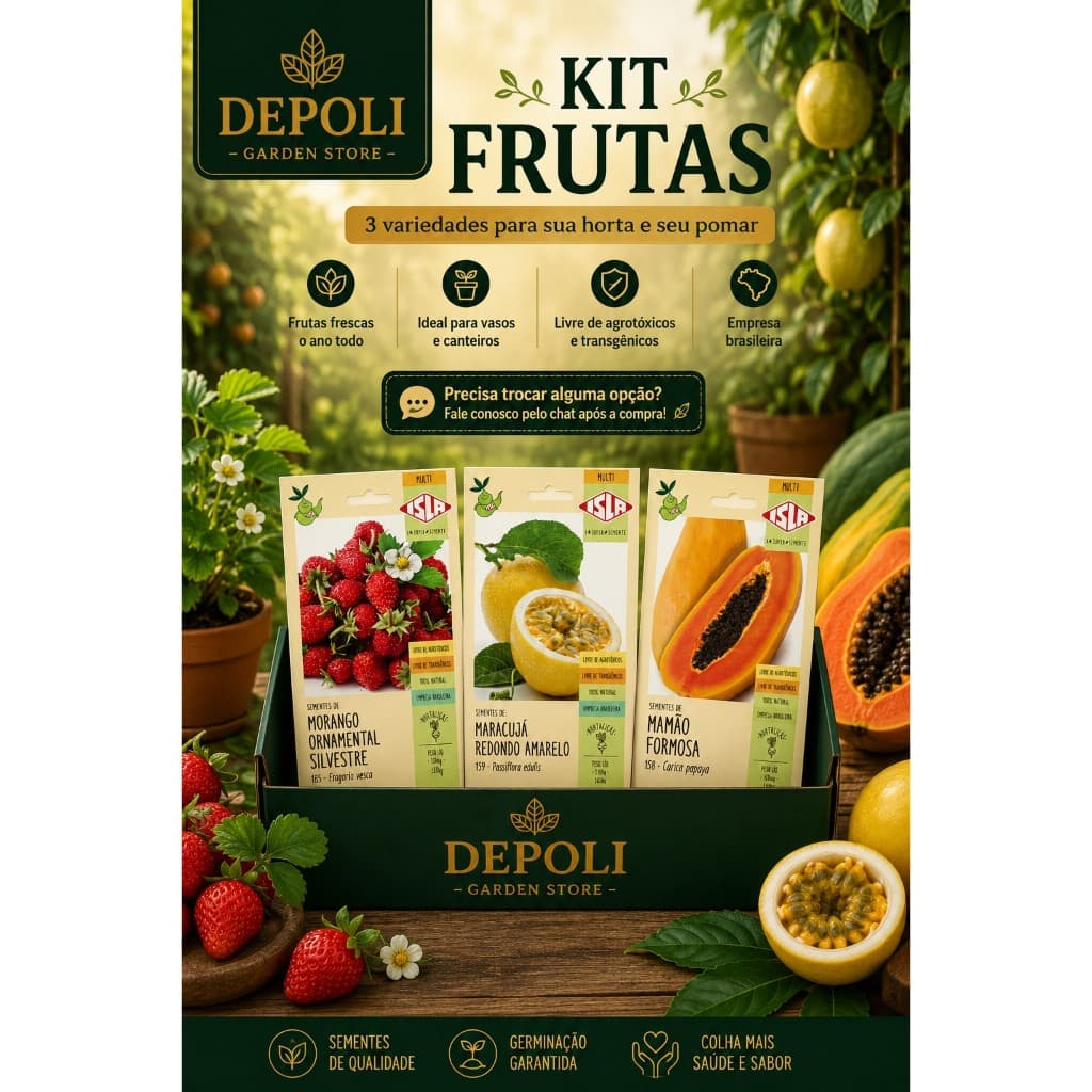 Kit Sementes 3 Envelopes de Frutas (Maracujá, Morango e Mamão)  Isla Minha Horta