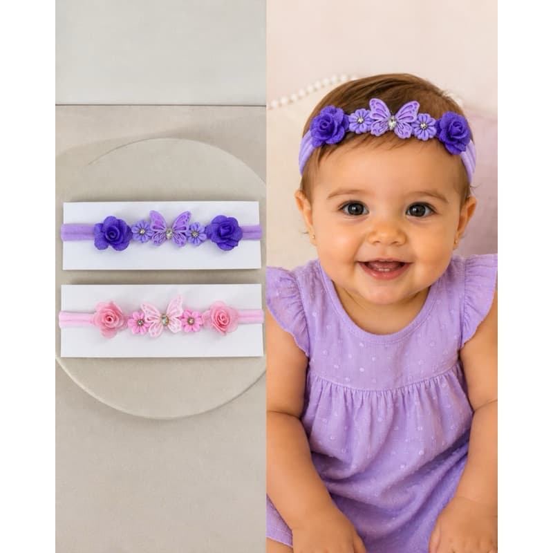 Faixinha de Bebê Rosa Borboleta e Flores | Tiara Infantil Luxo Meia de Seda Confortável