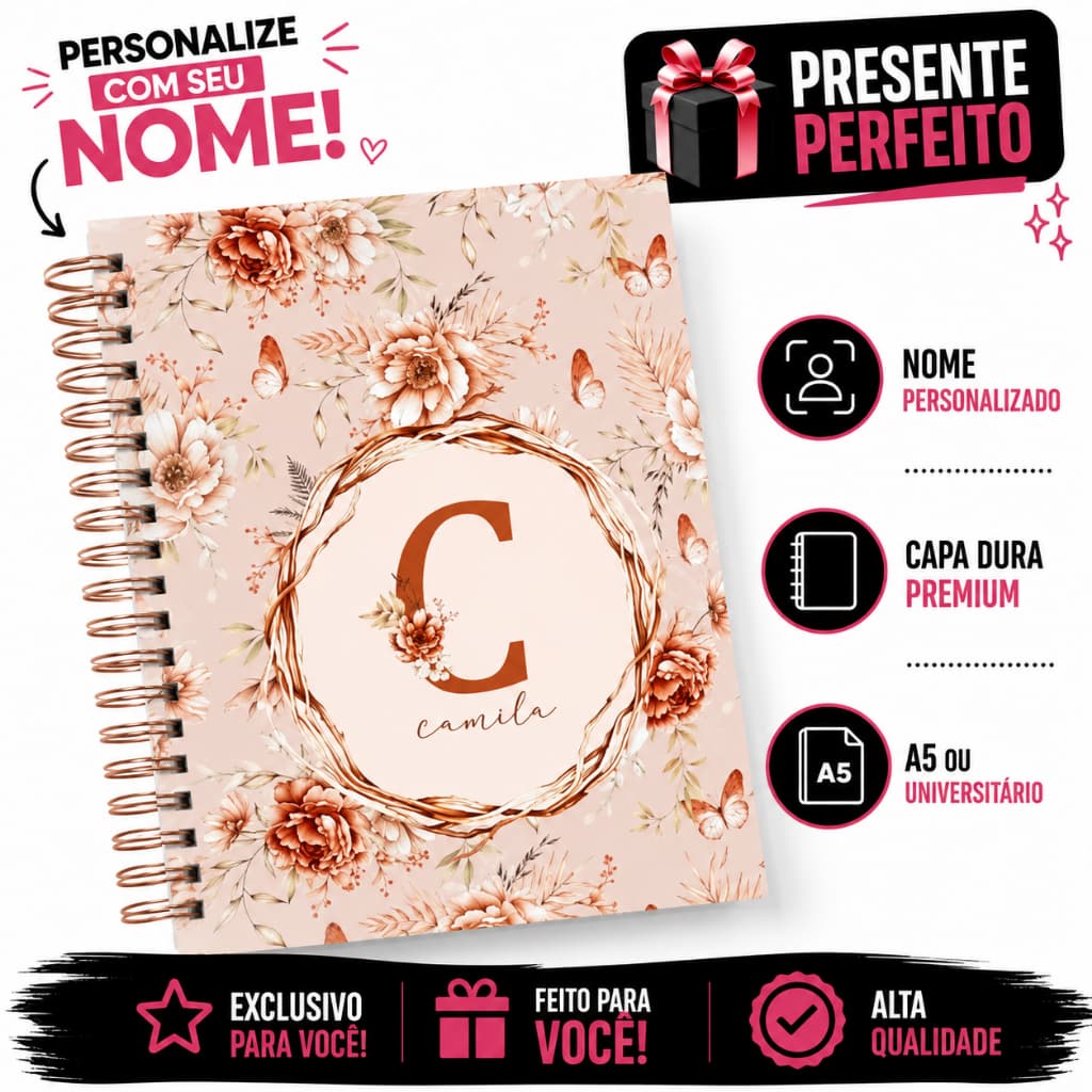 Caderno Personalizado com Nome e Inicial A5 ou Universitário Capa Dura Presente Feminino