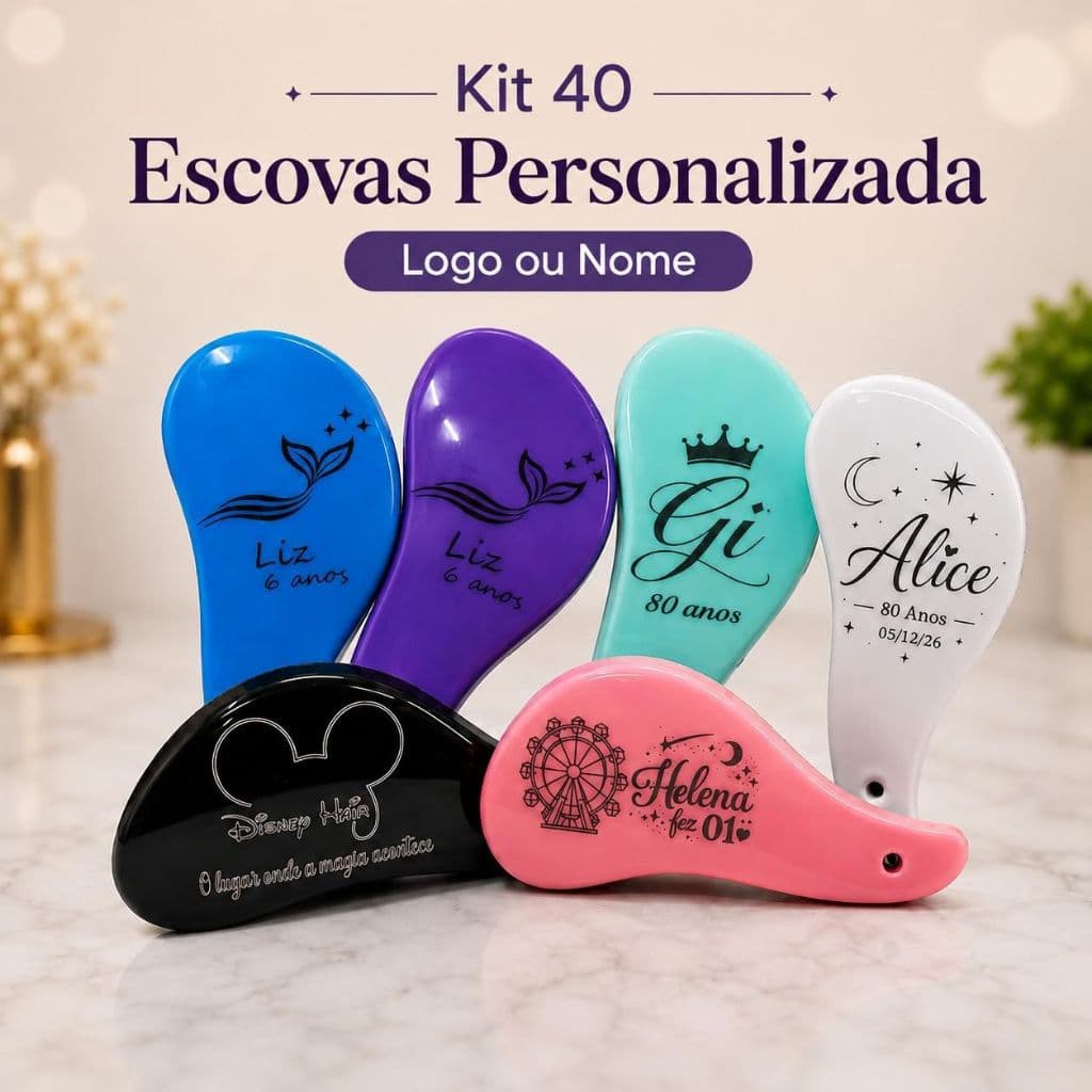 Kit 40 Escovas Mágica Personalizadas ( a  Laser ) Lembrancinha Desembaraça os Fios