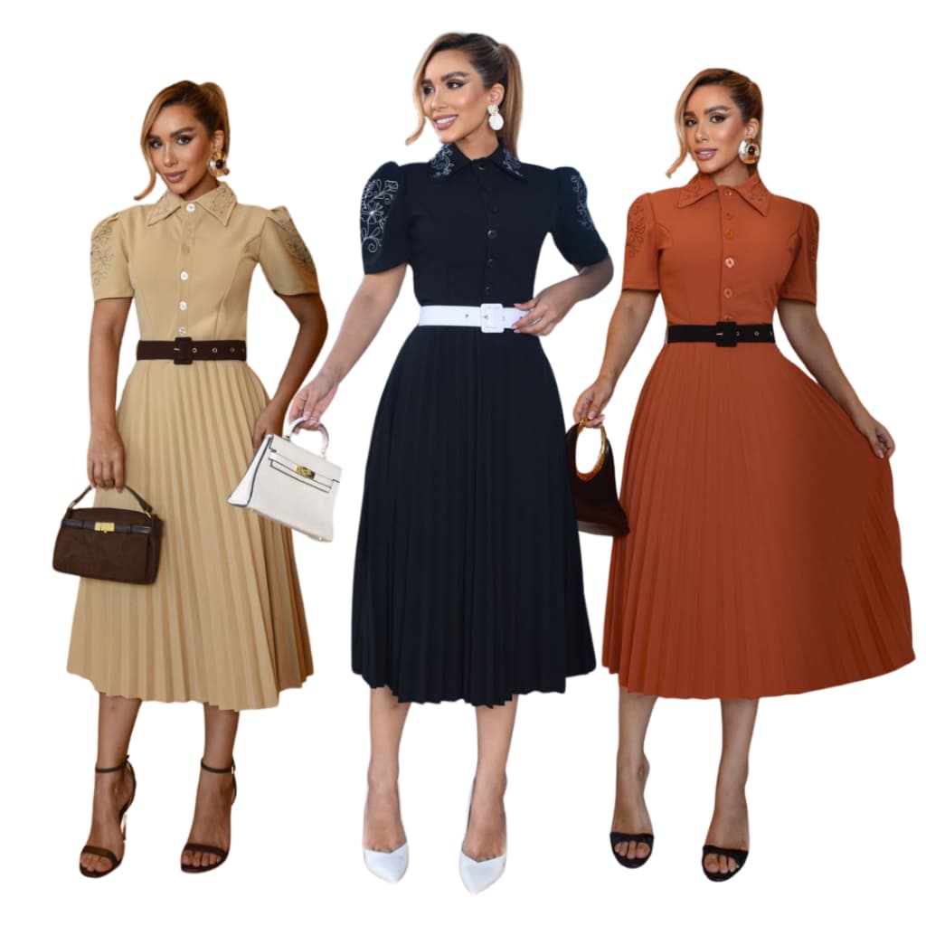 VESTIDO FEMININO MIDI ELEGANTE COM BORDADOS NA GOLA E CINTO