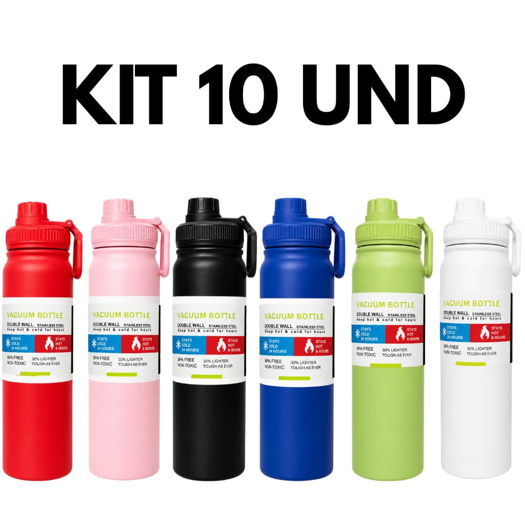 Kit 10 Garrafa Térmica Squeeze Academia Alça 800ml 1000ml Inox Vácuo Parede Dupla Água Esportivo