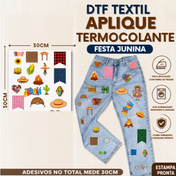 Adesivo para Roupa Festa Junina DTF Transfer Cartela 24x18cm Remendo Termocolante Fácil Aplicação Ferro