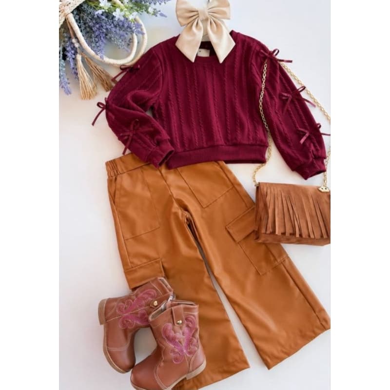Calça em couro infantil feminino, Calça cargo em couro(4 ao 10)