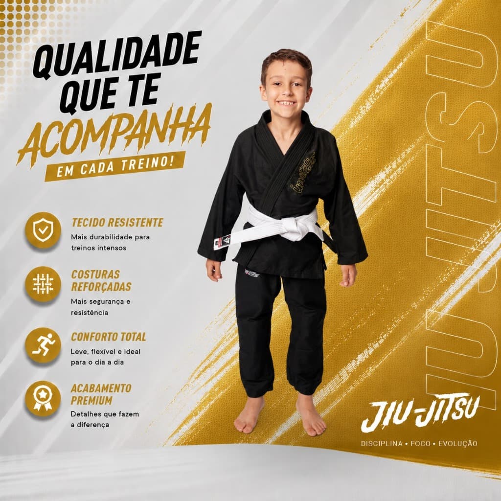 Kimono de Jiu Jitsu Infantil Sarja Preto  kids Refoçado Judô Dobok Treino Envio IMEDIATO