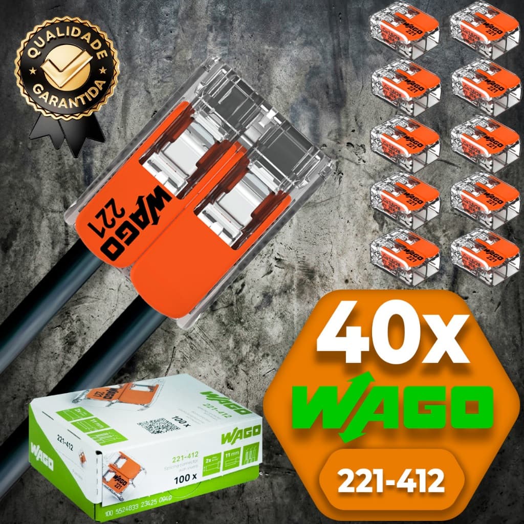 Conector de Fio Elétrico Wago 221-412 Conector Wago Emenda 4mm² 32A Conexão Automática Kit 40 peças