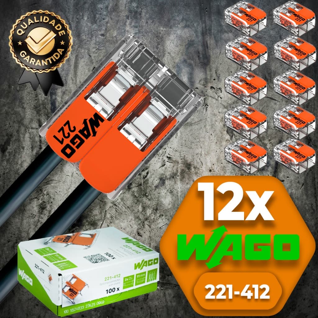 Conector de Fio Elétrico Wago 221-412 Conector Wago Emenda 4mm² 32A Conexão Automática Kit 12 peças