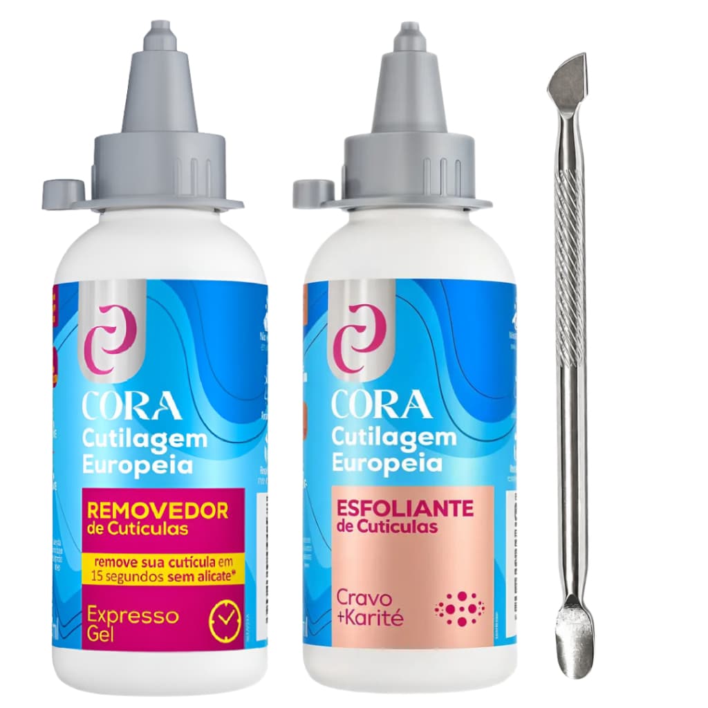 Kit Cutilagem Removedor, Esfoliante 100ml e Espatula Ponta Dupla Aço Inox - Cora Kinq