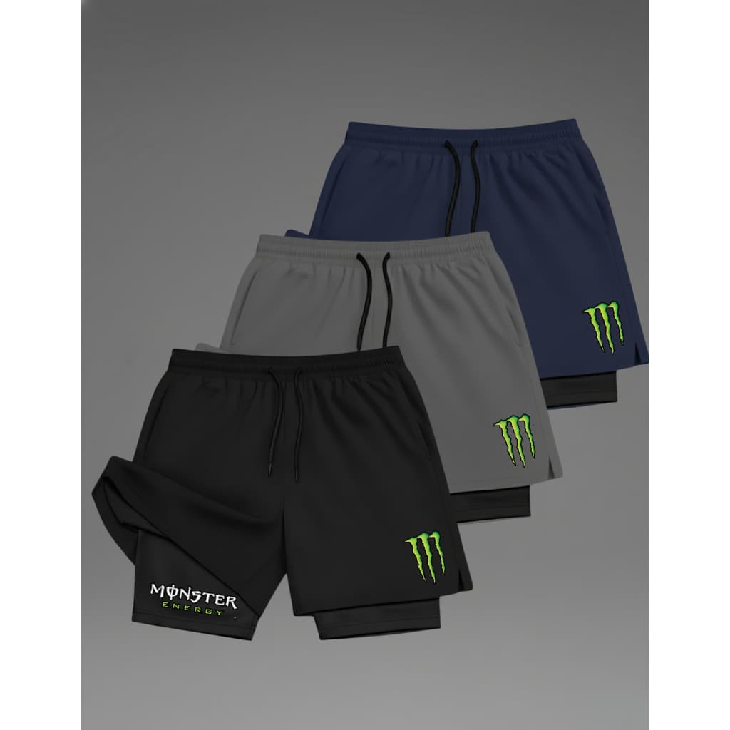 Kit 3 Shorts 2 em 1 Masculino Compressão Leve Confortável Academia Corrida - ENVIO DE CORES E ESTAMPAS ALEATORIAS
