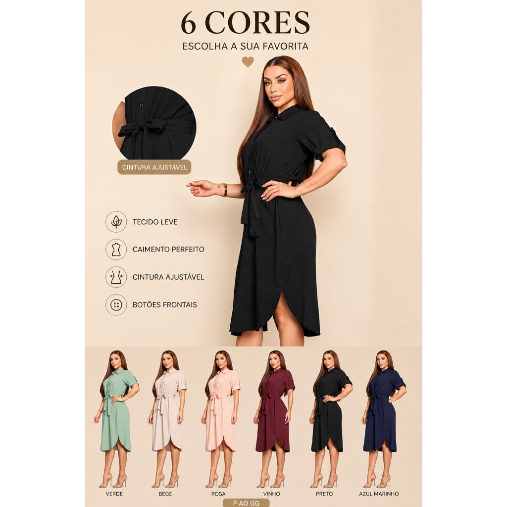 Vestido Chemise Feminino Midi Viscolinho Com Faixa Elegante Leve e Confortável P Ao GG